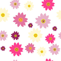 Fototapeta na wymiar Seamless pattern colorful Gazania on white backdrop. Girls floral print in pastel colors, vector eps 10