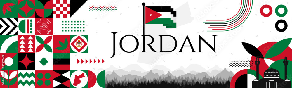 Wall mural The Jordan Independence Day abstract banner design with flag and map. Flag color theme geometric pattern retro modern Illustration design. Green, white, black and Red color template.