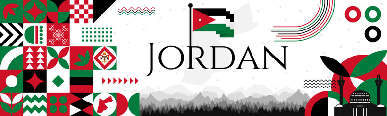 The Jordan Independence Day abstract banner design with flag and map. Flag color theme geometric pattern retro modern Illustration design. Green, white, black and Red color template. - obrazy, fototapety, plakaty