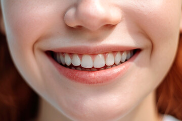Close up woman detail healthy white teeth, beige lipstick. Generative AI