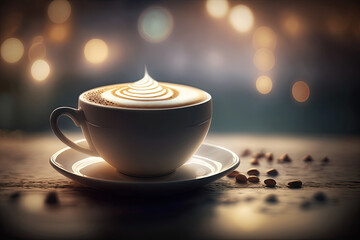 Obraz premium AI generated of hot art latte coffee in cup on wooden table and coffeeshop blur background