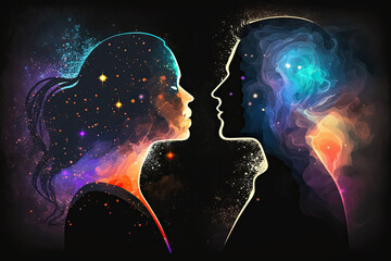 Astral body man and woman silhouettes face to face neural network AI generated art