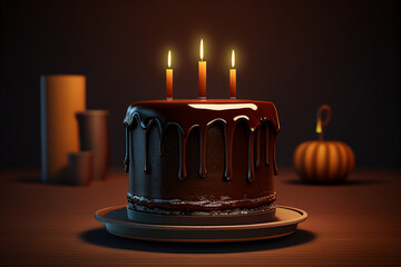 Birthday cake with burning candles on dark background. 3D rendering generative ai