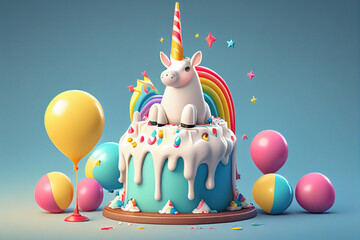 Birthday cake with unicorn and balloons. 3d render illustration. generative ai