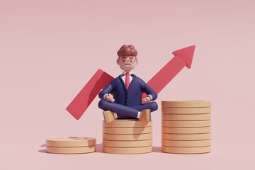 Cartoon character businessman suit jacket  meditate yoga lotus pose seat on gold dollar coins stack with red arrow isolated over pink background. 3d render illustration.