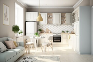 Modern new light interior of kitchen with furniture and dining table. Amazing Luxury Kitchen Interior with wooden floor and kitchen island. Generative Ai.