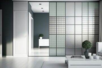 Wallpapered, Glass-paneled walls with a Premium Glass finish. Wallcovering of Glass, tiled, and square blocks. Generative Ai.