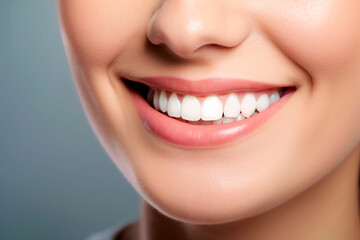 Fototapeta premium Close up woman detail healthy white teeth, beige lipstick. Generative AI