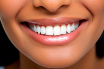 Close up woman detail healthy white teeth, beige lipstick. Generative AI