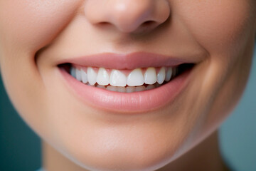 Obraz premium Close up woman detail healthy white teeth, beige lipstick. Generative AI