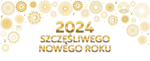 Szczęśliwego nowego roku - Frohes neues Jahr auf polnisch mit Feuerwerk in Gold - obrazy, fototapety, plakaty