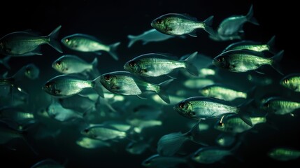 Naklejka premium School of small silver fish underwater. Marine life. Generative AI