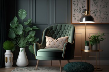 living room and arm chair with empty frame. modern classic luxury style with arm chairs. Modern home interior background frame mock up with arm chair. Generative Ai.