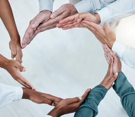 Teamwork, collaboration and hands of business people in circle for motivation, support and...