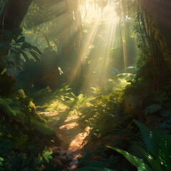 Beautiful summer jungle under sunlight, wildlife. High quality illustration