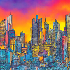 AI generated illustration of Frankfurt or generic skyline in drawing style
