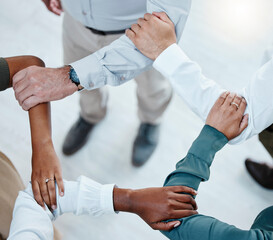 Teamwork, collaboration and hands of business people in shape for motivation, support and...