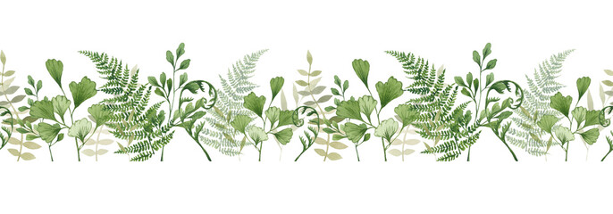 Watercolor seamless border with forest greenery. Fern, greenery leaves and twigs. Hand drawn illustration isolated on white background. © Yana