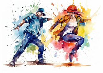 Fototapeta na wymiar Watercolor abstract illustration of dance. Dancer in action during colorful paint splash, isolated on white background. AI generated illustration.