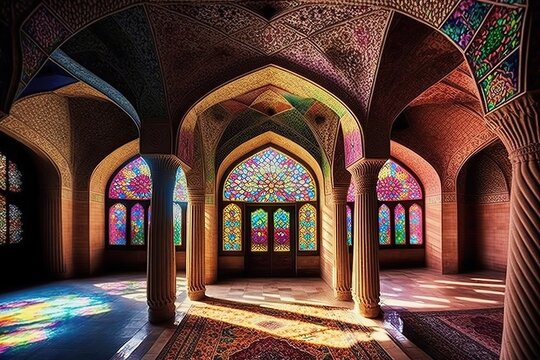 Nasir Al-Mulk Mosque in Shiraz, Iran, also named in popular culture as Pink Mosque. It was built in 1888 and is known in Persian as Masjed-e Naseer ol Molk. Generative Ai.