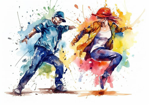 Watercolor abstract illustration of dance. Dancer in action during colorful paint splash, isolated on white background. AI generated illustration.