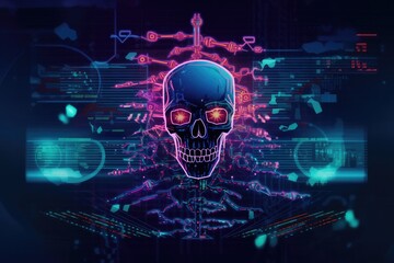 futuristic skull with glowing eyes and circuit board background. Generative AI