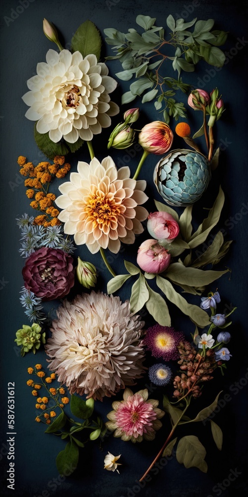 Poster view from above of a colorful bouquet in full bloom generative ai