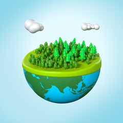 Half of Earth is on Forest Trees with Sky Clouds on Blue Background. Happy Earth Day Concept.