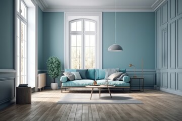 cozy living room with a blue couch and wooden floors. Generative AI