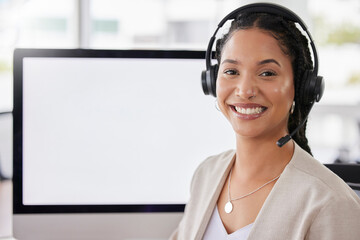 Woman, call center portrait and blank computer screen with smile for customer service, tech support...