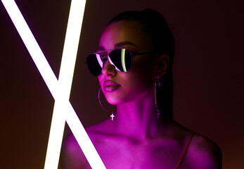 beautiful woman with neon lamp. Pretty girl in sunglasses