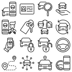 Car sharing thin line icons set of driver's license, key, blocked car, pointer, available, searching of car. Vector illustration.