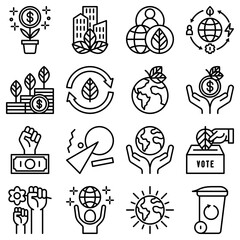 Green economy thin line icons set: financial growth, green city, zero waste, circular economy, green politics, anti-globalism, global consumption. Vector illustration for environmental issues.