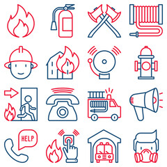 Fototapeta na wymiar Firefighter thin line icons set: fire, extinguisher, axes, hose, hydrant, respirator, hose, fireman, alarm, brandspuit. Modern vector illustration.