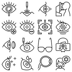 Ophthalmology thin line icons set: laser eye surgery, eye test, eye drops, contact lenses, cataract, astigmatism, phoropter, autorefractometer, farsightedness, nearsightedness. Vector illustration.
