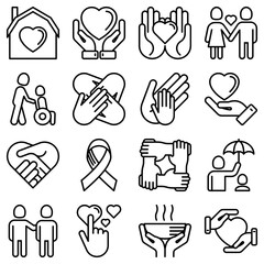 Help and care thin line icons set: symbols of support, help for children and disabled, togetherness, philanthropy and donation. Modern vector illustration.