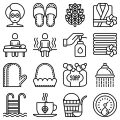 Spa, sauna thin line icons set: massage oil, towels, steam room, shower, soap, pail and ladle, hygrometer, swimming pool, herbal tea, birch, whisk, spa treatments, facial mask. Vector illustration. 