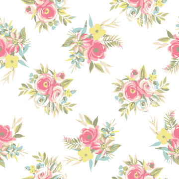 Floral seamless pattern.Pink rose, flowers and grass bouquet on white background. © belleza