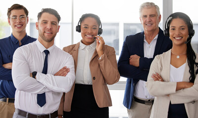 Group, call center and office portrait with diversity, team building and happiness with solidarity...