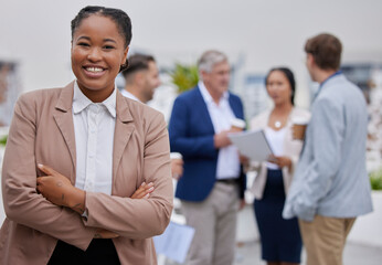 Business portrait, black woman and office team with collaboration and manager with a smile....