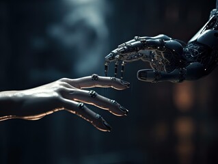 connection of human and robot. image representing artificial intelligence and latest technology and science. ai powered human and machine learning robot connecting together with fingers 
