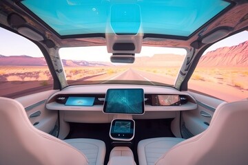 Cab of driverless vehicle. AI technology generated image