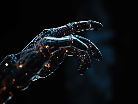 connection of human and robot. image representing artificial intelligence and latest technology and science. a machine learning robot pointing finger