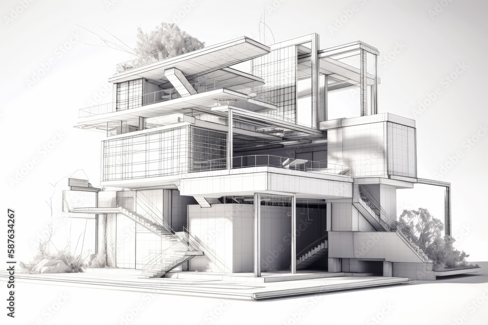 Poster modern building with a spiral staircase in the center. generative ai