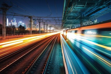 Fototapeta na wymiar High speed rail shuttles on urban railways at night.AI technology generated image