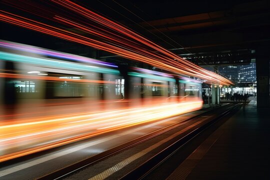 High speed rail shuttles on urban railways at night.AI technology generated image