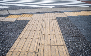 Japanese Yellow Tenji Blocks or tactile paving at a road crossing, Tokyo, Japan