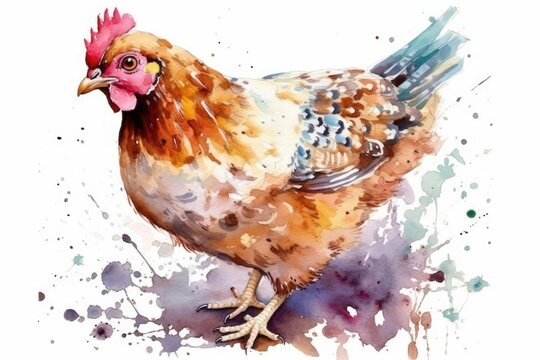 colorful watercolor painting of a chicken standing on a plain white background. Generative AI