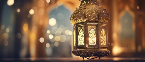 Original traditional ornate oriental lantern with beautiful bokeh of holiday lights and mosque in background  ,digital ai art	 - obrazy, fototapety, plakaty