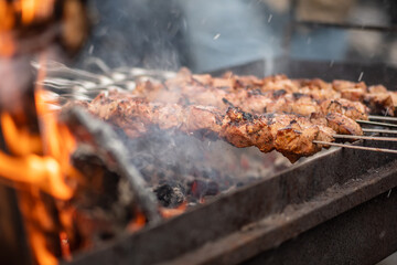 Pork meat skewer, grilled or roasted in a barbecue with pitchforks on an open fire and flames, shashlik or shashlyk in a street food market or an outdoor picnic, close up